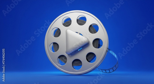 Silver film reel with play button on blue background, representing cinema, video production, and the magic of visual storytelling