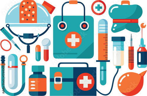 Modern first aid kit icons and medical supplies for healthcare designs, vibrant tools for doctors and nurses promote wellness and safety initiatives