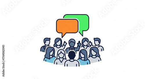 Group of people with speech bubbles concept of communication, discussion, meeting, teamwork, and social interaction