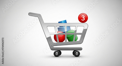 A shopping cart with three items and a notification badge, representing online shopping, ecommerce, and the number of items in the cart