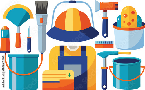 Handyman tools and equipment for home repair and construction, colorful vector assortment of painting supplies and work wear for building and renovation projects
