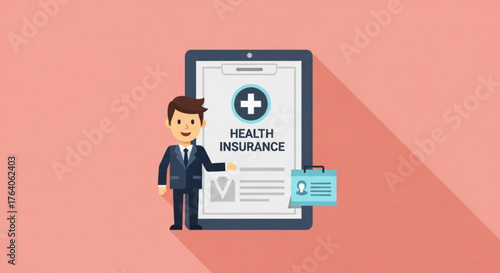 A cartoon man in a suit stands next to a health insurance form on a clipboard, with a medical symbol and a blue briefcase