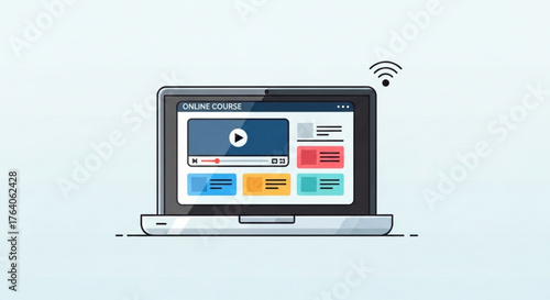 Online course concept on laptop screen, elearning, webinar, video tutorial, online education, training, studying