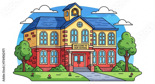 A vibrant cartoon school building with a welcoming sign, embodying education, community, and a cheerful learning atmosphere