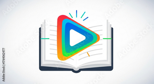 An open book with a play button in the middle, symbolizing interactive learning and the integration of multimedia in education