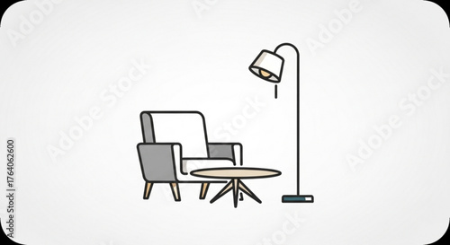 Armchair, floor lamp, and coffee table interior design furniture set vector illustration in flat style