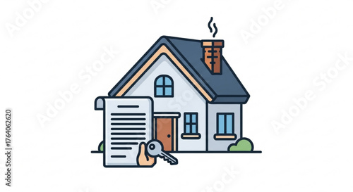 Home ownership concept featuring a house, contract, and key representing buying a new property and real estate deals