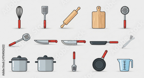 A delightful array of kitchen utensils, including whisks, spatulas, rolling pins, cutting boards, knives, pots, pans, and measuring cups