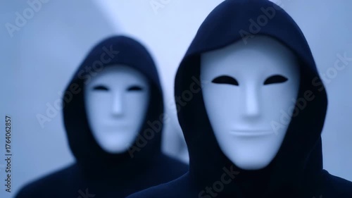 Mysterious Anonymous Figures in Black Hooded Cloaks and White Expressionless Masks Stand in Minimalistic Blue Toned Environment Creating Eerie Intriguing Atmosphere