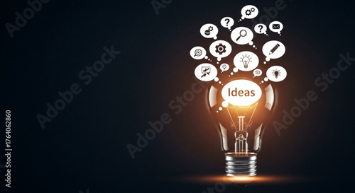 A glowing light bulb with idea icons floating above, symbolizing innovation, inspiration, and creative thinking on a dark background