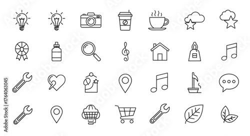 Collection of various line icons, representing different concepts and objects in a simple and minimalist design