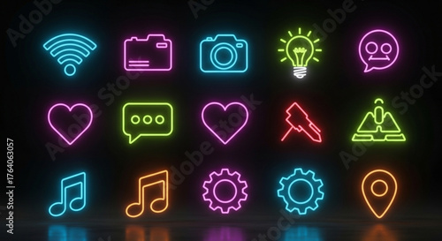 Vibrant neon icons glow against a dark backdrop, illuminating symbols of connection, creativity, and adventure in a modern digital landscape