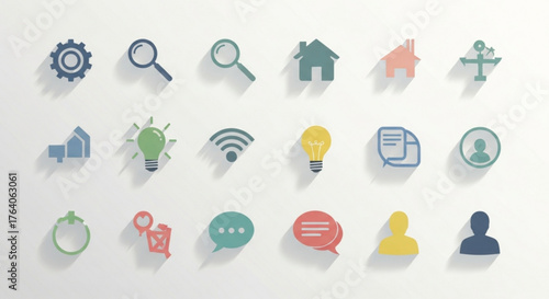 Collection of colorful icons representing various concepts such as settings, search, house, idea, wifi, document, and people