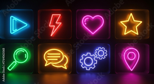 Illuminated neon icons glow within glass squares, casting a vibrant light on symbols of play, power, love, and discovery in the digital realm