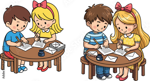 Cute cartoon kids writing letters together, classroom education, teamwork learning, friendship, creativity, childhood activity, drawing, studying, communication, handwriting practice fun.