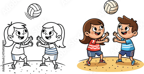 Cute kids playing volleyball, cartoon boy and girl having fun outdoors, happy children sports illustration, friendship, teamwork, motion, energy, childhood joy