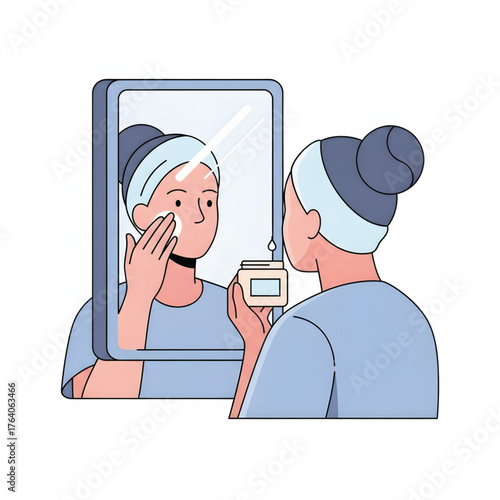 A woman with a headband applying cosmetic facial cream with a cotton pad while looking in a mirror during her daily beauty routine
