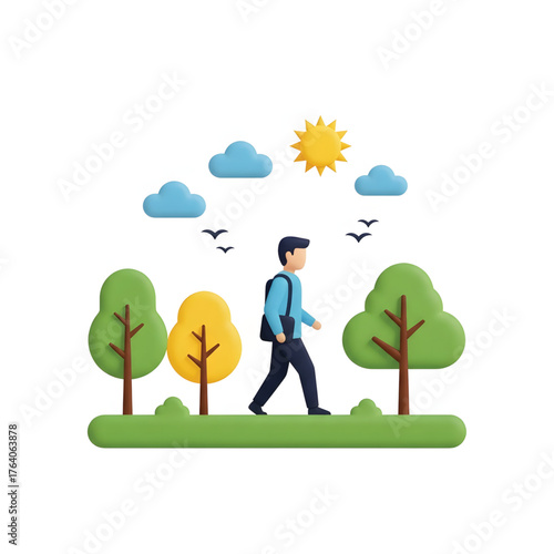 Young student or commuter walking in a city park with a backpack, a 3D clay style illustration on a white background