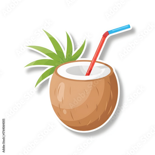 Vibrant vector illustration of a refreshing tropical coconut drink, complete with a colorful straw and fresh palm leaf, ideal for summer-themed projects and healthy beverage designs