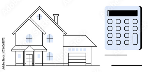 House and calculator illustrating home financing, budgeting, or mortgage payments. Ideal for real estate, banking, financial planning, investments, housing market, cost analysis family budgeting