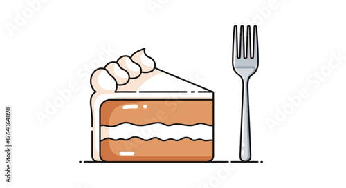 Delicious slice of cake with frosting and a fork ready to eat.