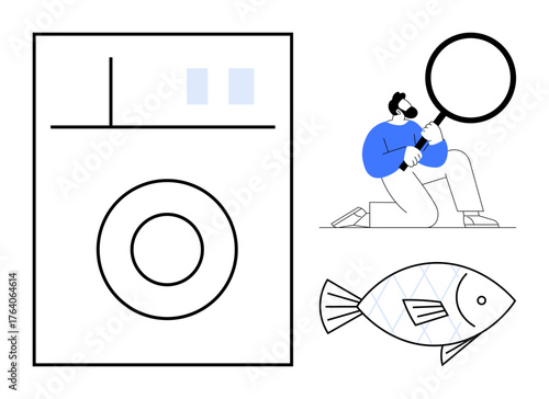 Man closely examining a washing machine and fish with a magnifying glass. Ideal for quality control, product testing, environmental studies, food safety, consumer awareness, scientific research