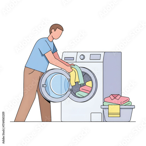 Man Loading Laundry Machine Everyday Chore Illustration