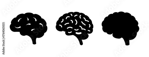 Three silhouetted human brains showing neural connections and cognitive function symbols