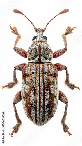 Detailed studio shot of a colorful weevil insect with intricate patterns and fuzzy legs on a white background