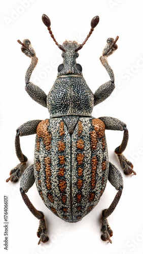 Detailed macro photograph of a speckled weevil insect with prominent antennae and legs