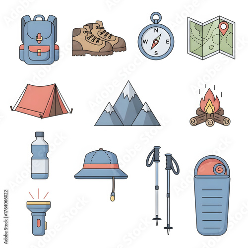 Colorful outline icons of camping equipment and hiking gear for adventure travel and nature exploration