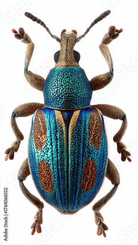 Detailed macro photograph of a metallic blue and green weevil with brown markings on its wings