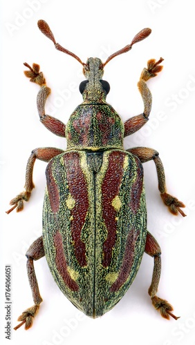 Detailed macro view of a colorful weevil with segmented antennae and intricate body patterns