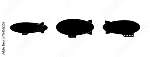 Collection of three diverse silhouette airships flying in formation for aviation or transport themes