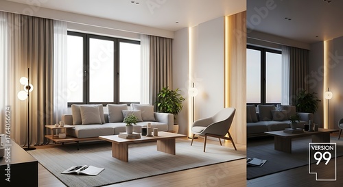 Contemporary Living Room Interior Displaying Elegant Lighting Variations for Different Moods