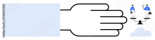 Large guiding hand supports balanced scales featuring two people in blue attire interacting. Ideal for equality, fairness, decision-making, business, justice, leadership, teamwork. Simple flat