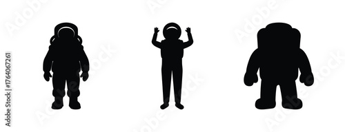 Three stylized astronaut silhouettes depicting space exploration and futuristic themes