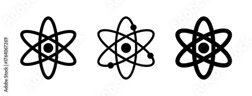 Three stylized atomic symbols with orbits and nuclei representing science chemistry physics and energy concepts