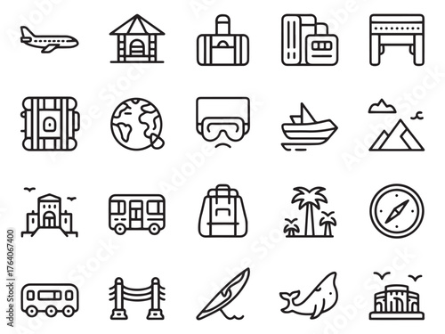 Travel icons set in minimalist line art style featuring diverse transportation and adventure symbols.