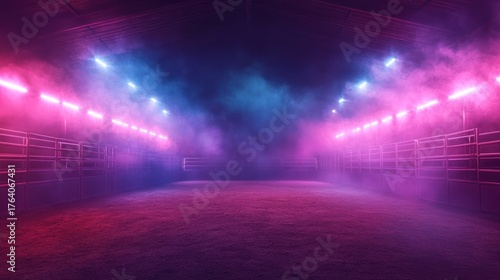 Rodeo Arena Lit by Neon Lights and Smoke
