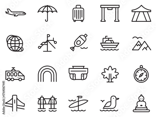 Travel icons representing various modes and elements of journey and adventure.