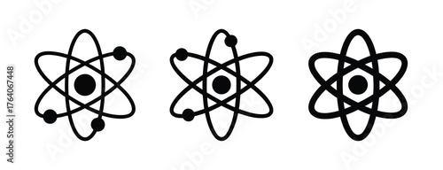 Three stylized atom symbols showing nucleus and orbiting electrons in a row for science concepts