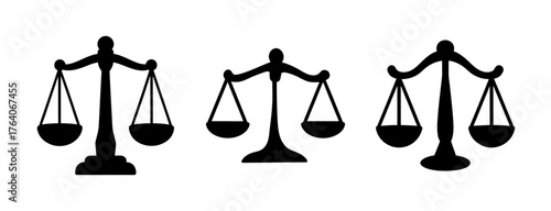 Three silhouette balance scales symbols representing justice law fairness equity judgment and decision making