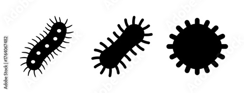 Three silhouettes of bacteria microorganisms showing different shapes and forms for scientific study