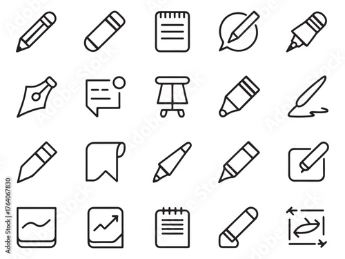 A collection of 16 hand-drawn icons related to writing and note-taking.