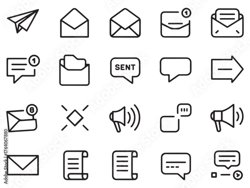 Line art icons depicting various messaging and email concepts.