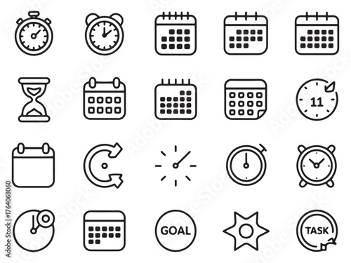 Various time management and scheduling icons including clocks, calendars, and timers.