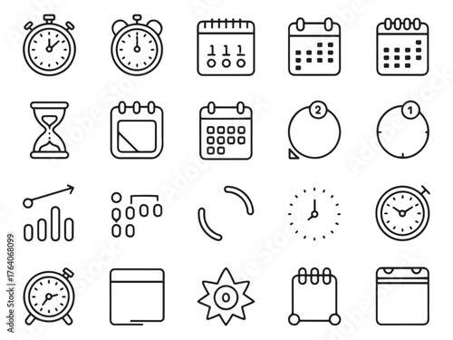 A collection of various time and calendar icons in a minimalist design.