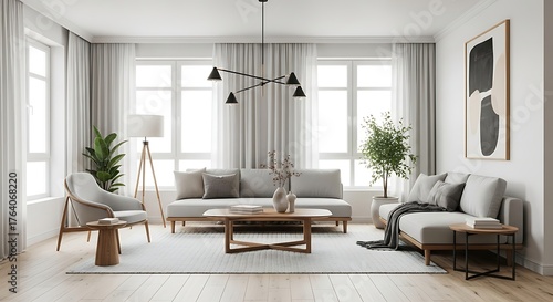 Spacious Contemporary Living Area Featuring Minimalist Decor, Natural Light, and Cozy Seating Arrangement