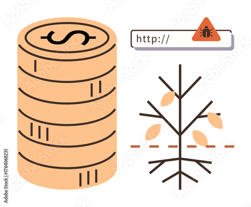 Coin stack, barren tree with diseased branches, and infected URL warning sign symbolizing financial risks, cybersecurity threats, sustainability issues. Ideal for finance, economics, cybersecurity